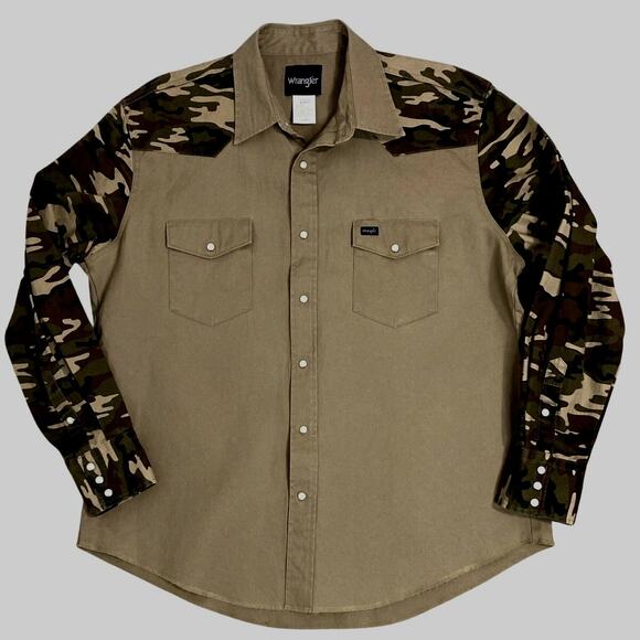 Vtg Wrangler Denim Western Shirt Mens XL Tan Camo Brushpopper Hunting Cowboy - Picture 1 of 9